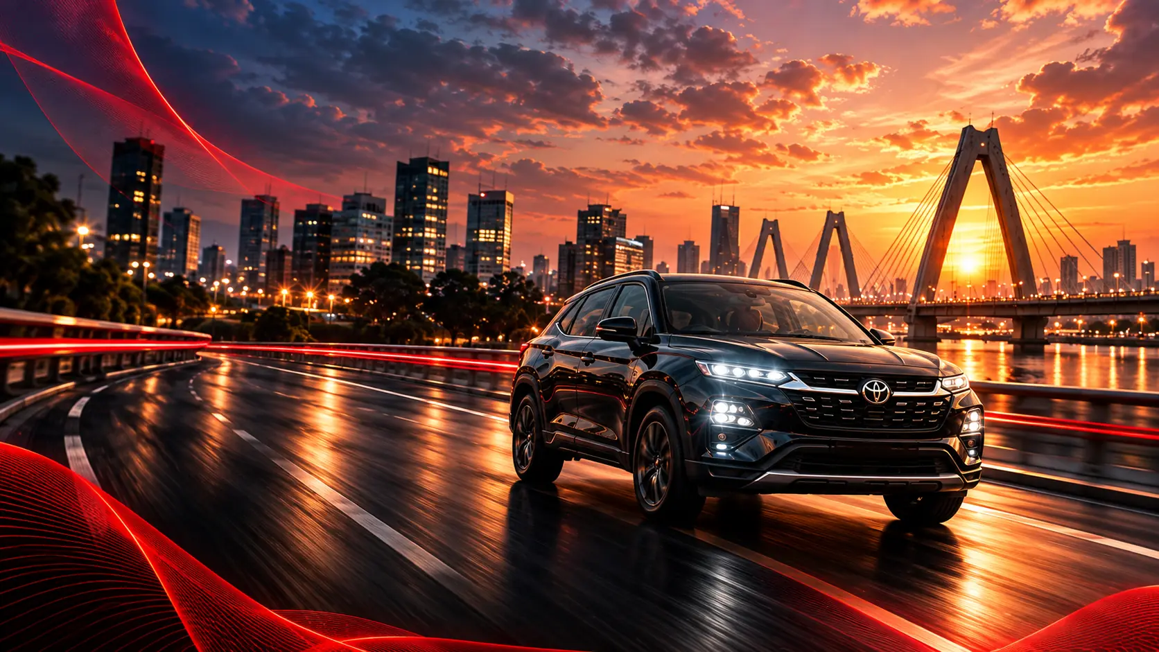 A black SUV on a riverside road at sunset with the city skyline and a cable-stayed bridge behind it